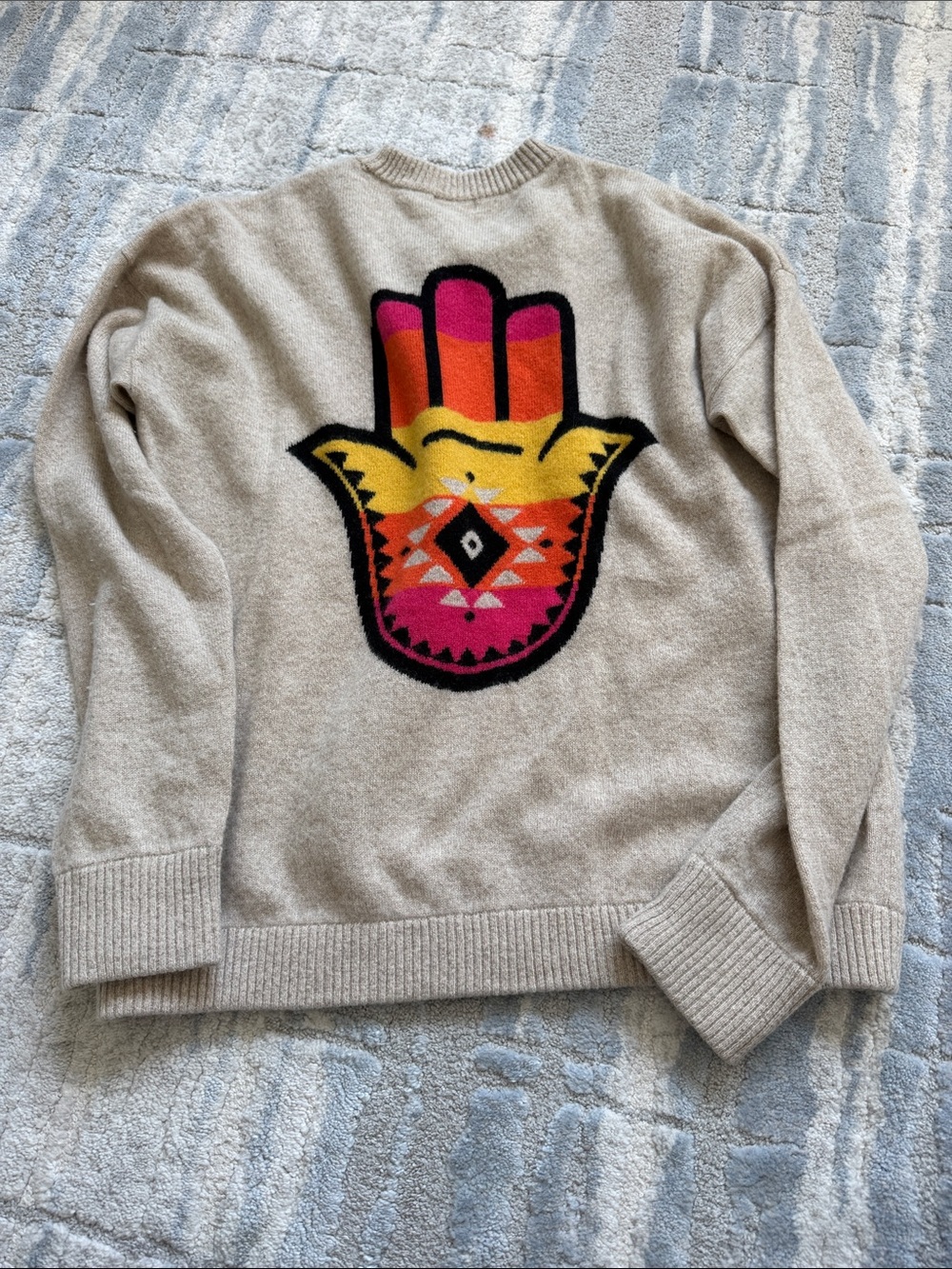 Minnie Rose Beige Crewneck Sweater with Multicolor Hamsa Motif